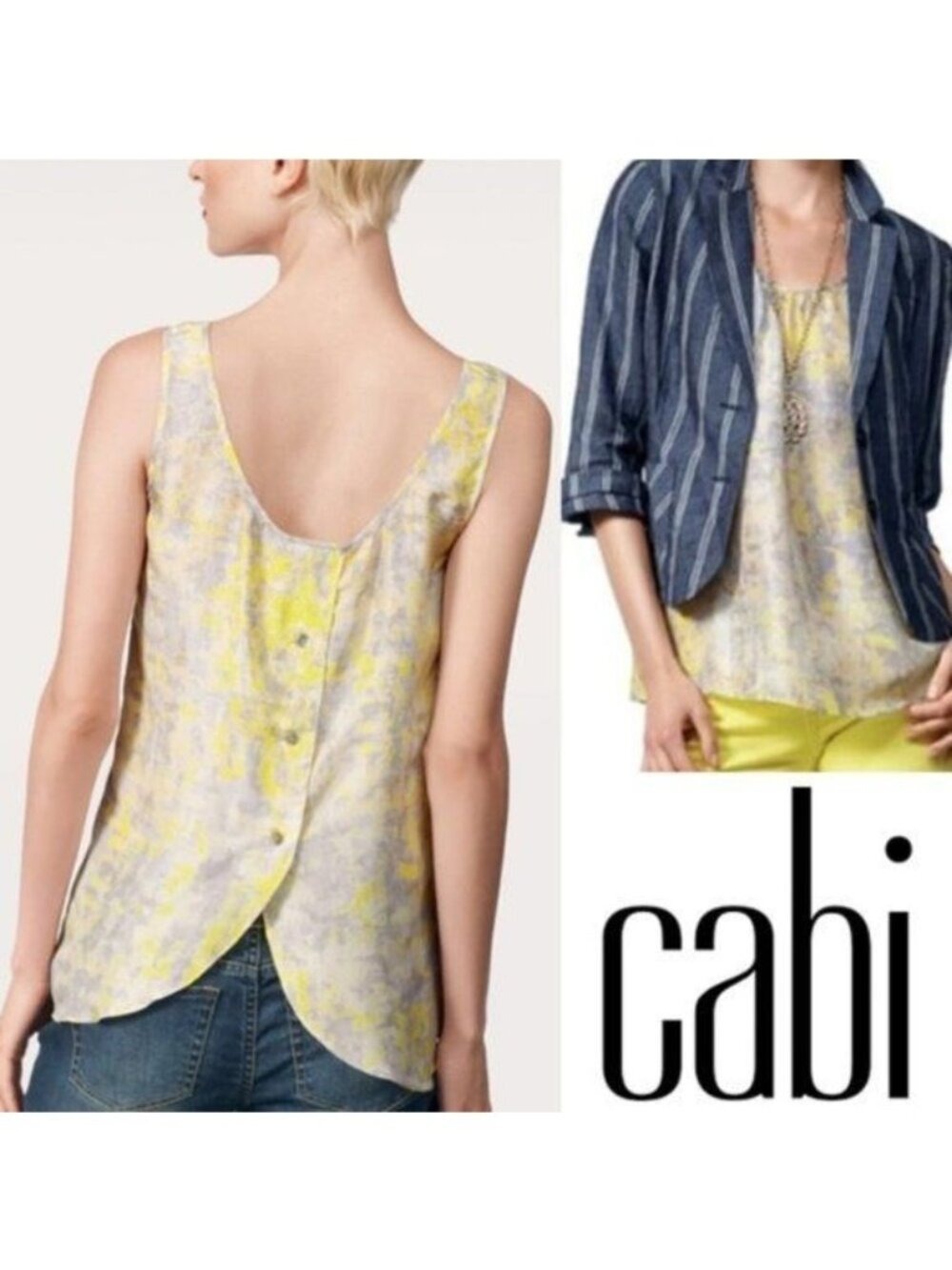 Cabi Yellow Whisper Button Back 100% Silk Tank Size Medium #811